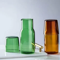 Plates u0026 More Küche & Esszimmer-550 ml Wasserkaraffe mit Glas-Set für den Nachttisch – Blau, Bernstein, Blaugrün, Grau