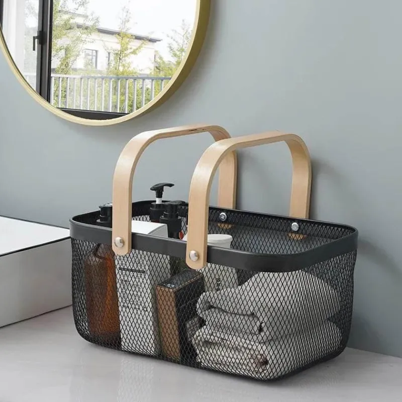 Tom Küche & Esszimmer-Aufbewahrungskorb aus Eisengeflecht mit Holzgriff – stilvoller Organizer für Küche und Bad