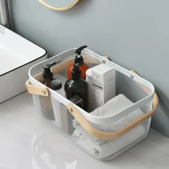 Tom Küche & Esszimmer-Aufbewahrungskorb aus Eisengeflecht mit Holzgriff – stilvoller Organizer für Küche und Bad