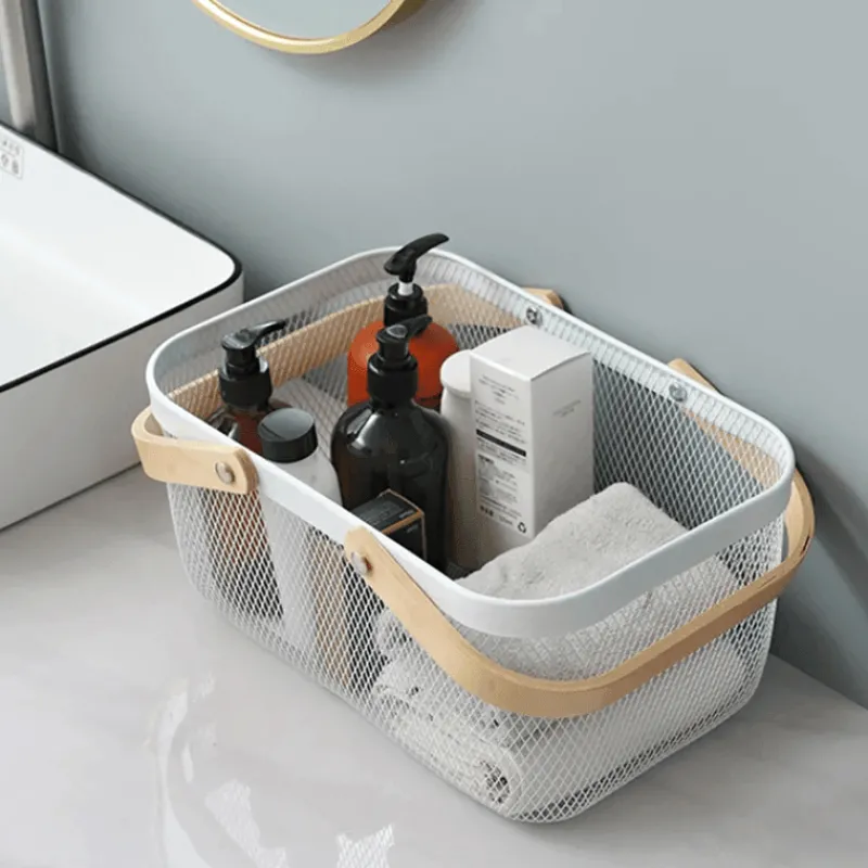 Tom Küche & Esszimmer-Aufbewahrungskorb aus Eisengeflecht mit Holzgriff – stilvoller Organizer für Küche und Bad