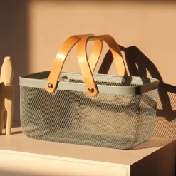 Tom Küche & Esszimmer-Aufbewahrungskorb aus Eisengeflecht mit Holzgriff – stilvoller Organizer für Küche und Bad