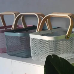 Tom Küche & Esszimmer-Aufbewahrungskorb aus Eisengeflecht mit Holzgriff – stilvoller Organizer für Küche und Bad