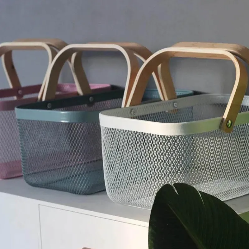 Tom Küche & Esszimmer-Aufbewahrungskorb aus Eisengeflecht mit Holzgriff – stilvoller Organizer für Küche und Bad