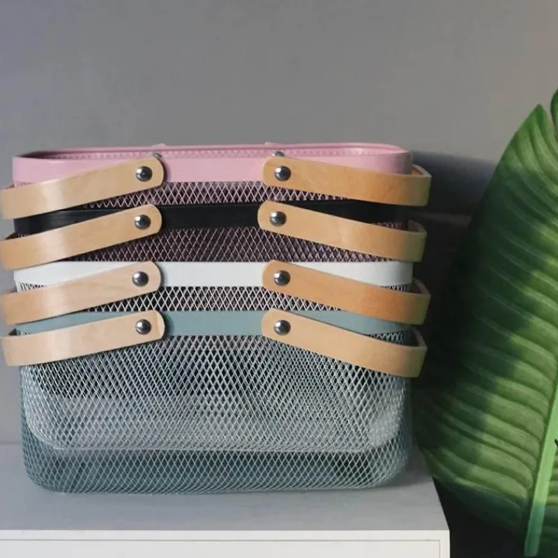 Tom Küche & Esszimmer-Aufbewahrungskorb aus Eisengeflecht mit Holzgriff – stilvoller Organizer für Küche und Bad