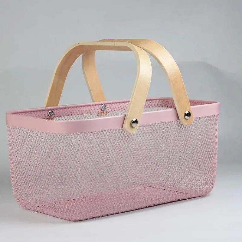 Tom Küche & Esszimmer-Aufbewahrungskorb aus Eisengeflecht mit Holzgriff – stilvoller Organizer für Küche und Bad