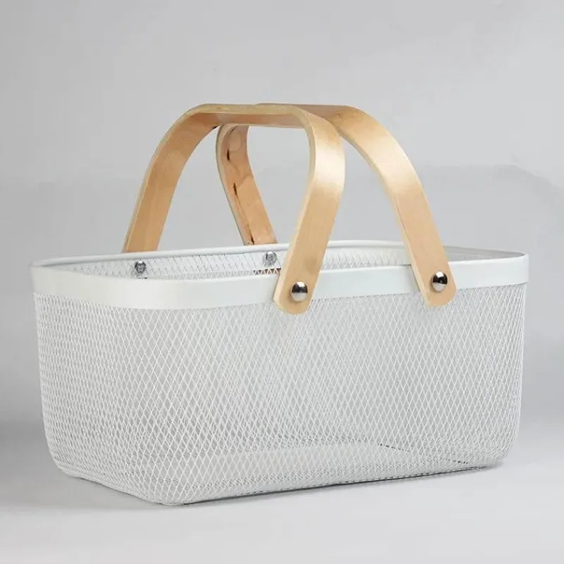 Tom Küche & Esszimmer-Aufbewahrungskorb aus Eisengeflecht mit Holzgriff – stilvoller Organizer für Küche und Bad