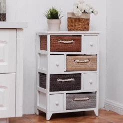Tranquil Waters Badezimmer|Küche & Esszimmer-Aufbewahrungsschrank aus Holz mit 4 Schubladen und geflochtenen Körben