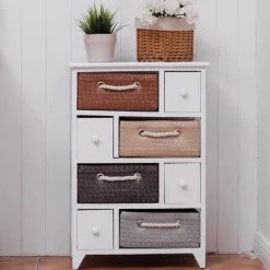 Tranquil Waters Badezimmer|Küche & Esszimmer-Aufbewahrungsschrank aus Holz mit 4 Schubladen und geflochtenen Körben