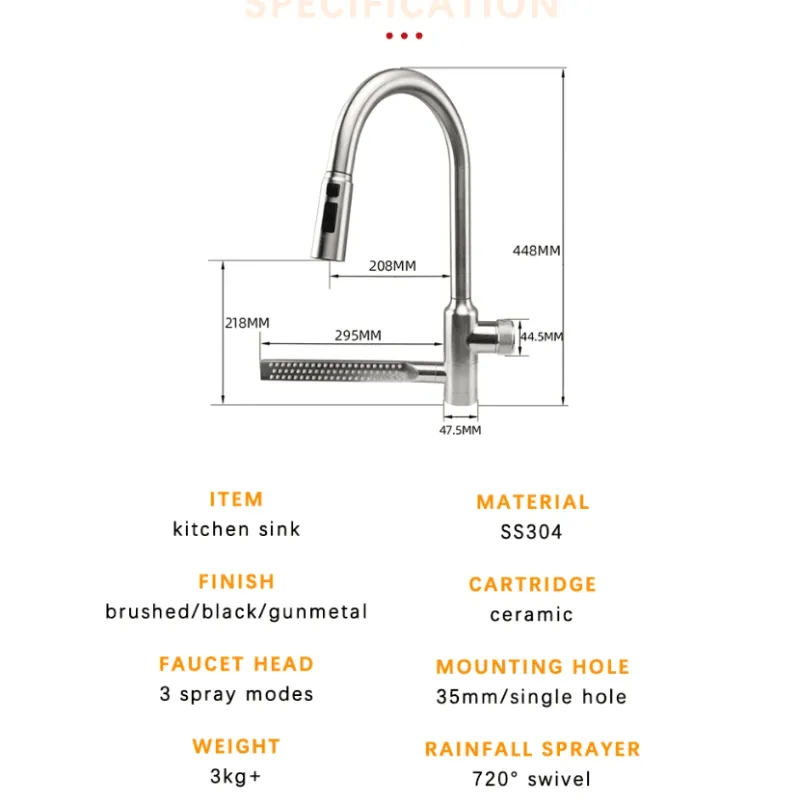 Tranquil Waters Badezimmer|Küche & Esszimmer-Ausziehbarer Regenwasser-Küchenhahn – Modernes Wasserfall-Design