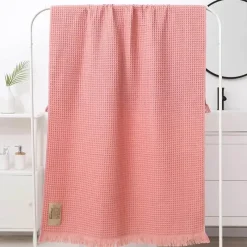 The Blanket Nook Bettzeug-Badetuch mit geometrischer Quaste, schnelltrocknendes Waffelmuster aus Baumwolle, mehrfarbig, 90 x 180 cm