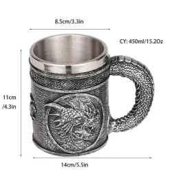 Feast u0026 Flair Küche & Esszimmer-Bierkrug im Retro-Stil mit silbernem Drachenmotiv – 450 ml Edelstahlkrug