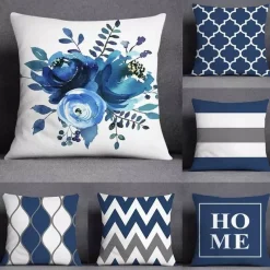 Pillow Haven Bettzeug-Blauer geometrischer Kissenbezug mit Blumenmuster - Moderne Wohndekoration Kissenbezug