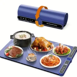 The Decor Haven Küche & Esszimmer|Outdoor-Artikel-Blaues elektrisches Speisenwärmtablett – 9 Temperaturen, faltbares Silikondesign