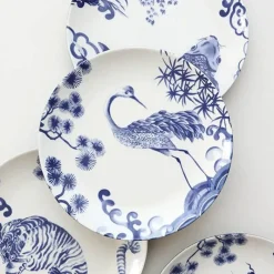 Elegance at the Table Küche & Esszimmer-Blau-weiße Keramik-Essteller mit Tiermotiven – 4er-Set