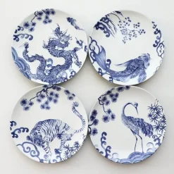 Elegance at the Table Küche & Esszimmer-Blau-weiße Keramik-Essteller mit Tiermotiven – 4er-Set