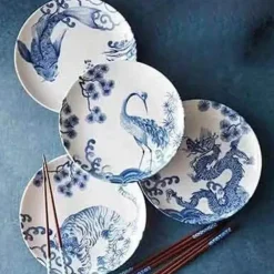 Elegance at the Table Küche & Esszimmer-Blau-weiße Keramik-Essteller mit Tiermotiven – 4er-Set