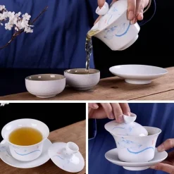 Plates u0026 More Küche & Esszimmer-Blau-weißes Gaiwan-Teeservice aus Porzellan, handbemalte traditionelle Teetassen