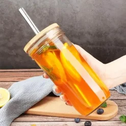 Plates u0026 More Küche & Esszimmer-Boba Smoothie Cup - Glas mit Bambusdeckel und Edelstahl-Strohhalm