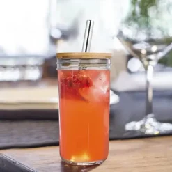 Plates u0026 More Küche & Esszimmer-Boba Smoothie Cup - Glas mit Bambusdeckel und Edelstahl-Strohhalm