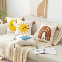 The Cushion Corner Bettzeug|Wohndeko-Boho Regenbogen Mond Kissenbezug - Gelbes Quastenkissen 45x45cm