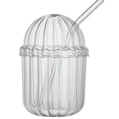 Plates u0026 More Küche & Esszimmer-Borosilikatglasbecher mit Deckel und Strohhalm – vertikal gestreifte Kaffeetasse