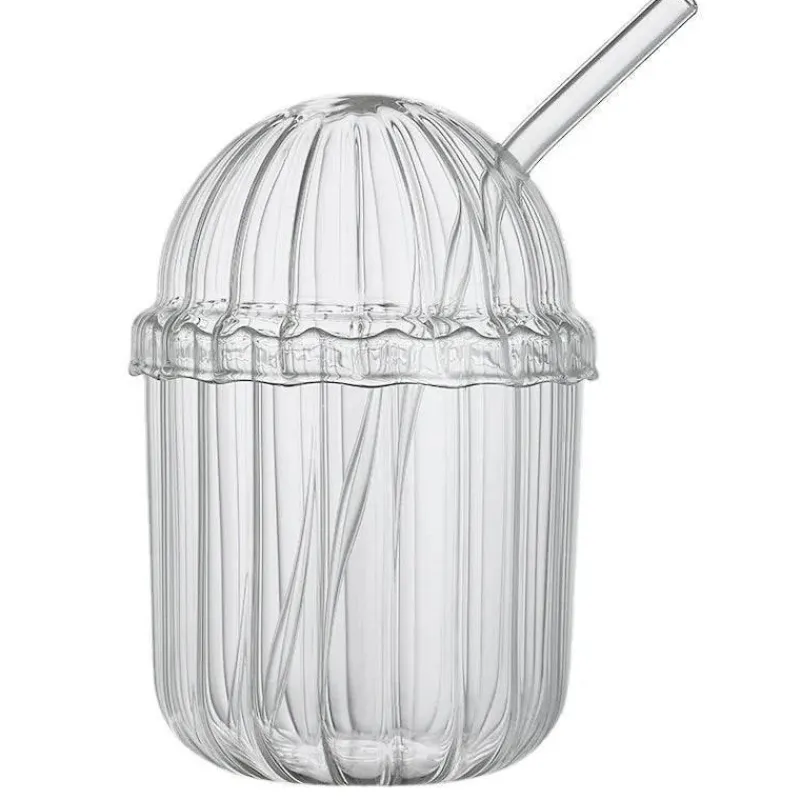 Plates u0026 More Küche & Esszimmer-Borosilikatglasbecher mit Deckel und Strohhalm – vertikal gestreifte Kaffeetasse