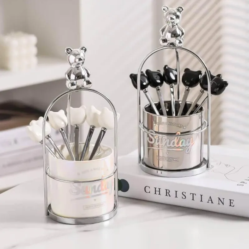 Space Savvy Küche & Esszimmer-Bär Keramik Dessertgabel & Löffel Vorratsdose