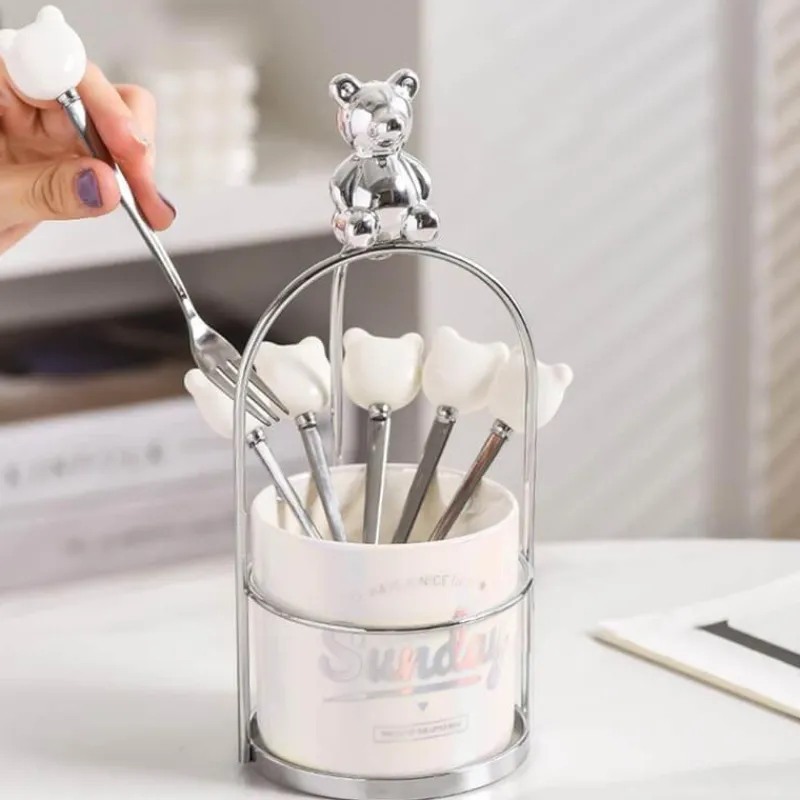 Space Savvy Küche & Esszimmer-Bär Keramik Dessertgabel & Löffel Vorratsdose