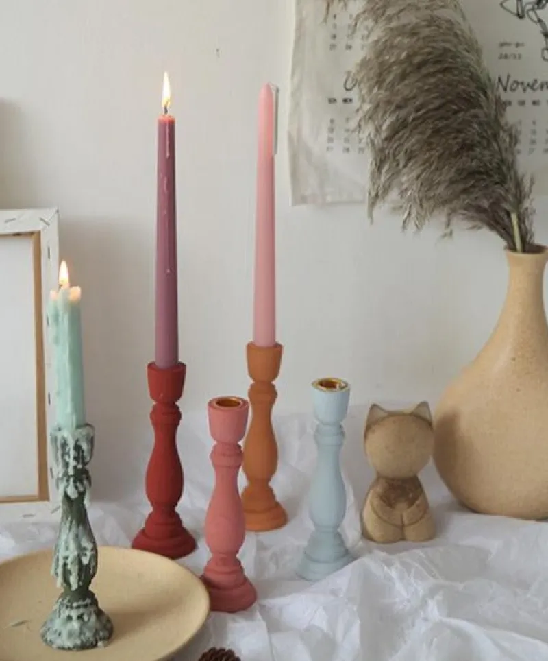 Tom Wohndeko-Brush Painted Wood Candle Holder – Vintage Matte Decorative Stand