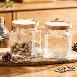 Cozy Nest Decor Küche & Esszimmer-Dekoratives Vorratsglas aus Glas – quadratischer Küchen-Organizer mit Prägung