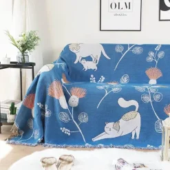 Snug u0026 Soft Bettzeug-Doppelseitige Sofadecke mit Cartoon-Katze – moderner, staubdichter Bezug mit Quasten für Doppelbetten und Sofas