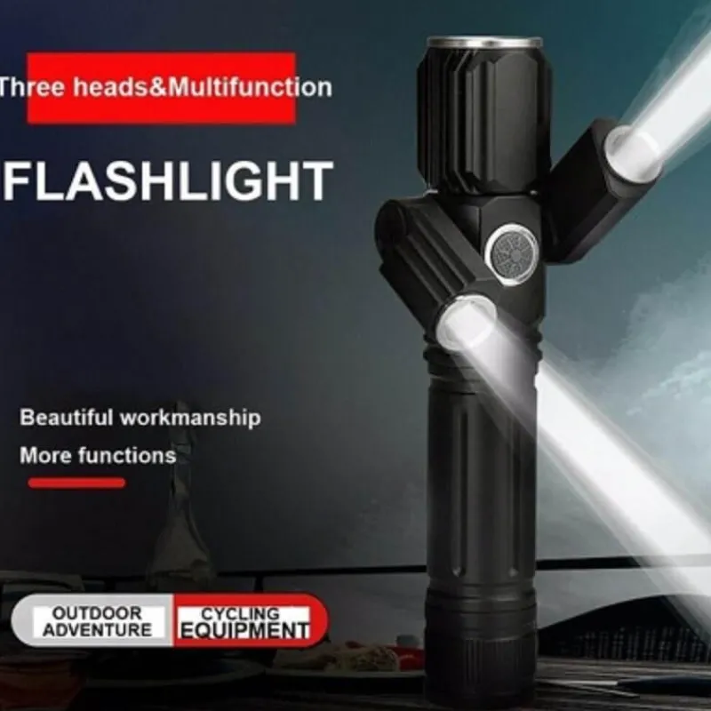Decor Fahrräder & Verkehr-Drehbare, wiederaufladbare Taschenlampe mit drei Köpfen – vielseitige Außenbeleuchtung