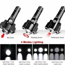 Decor Fahrräder & Verkehr-Drehbare, wiederaufladbare Taschenlampe mit drei Köpfen – vielseitige Außenbeleuchtung