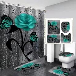 Aqua Essence Badezimmer-Duschvorhang-Set mit Tulpenblumenmuster – Badezimmer-Dekor-Akzent