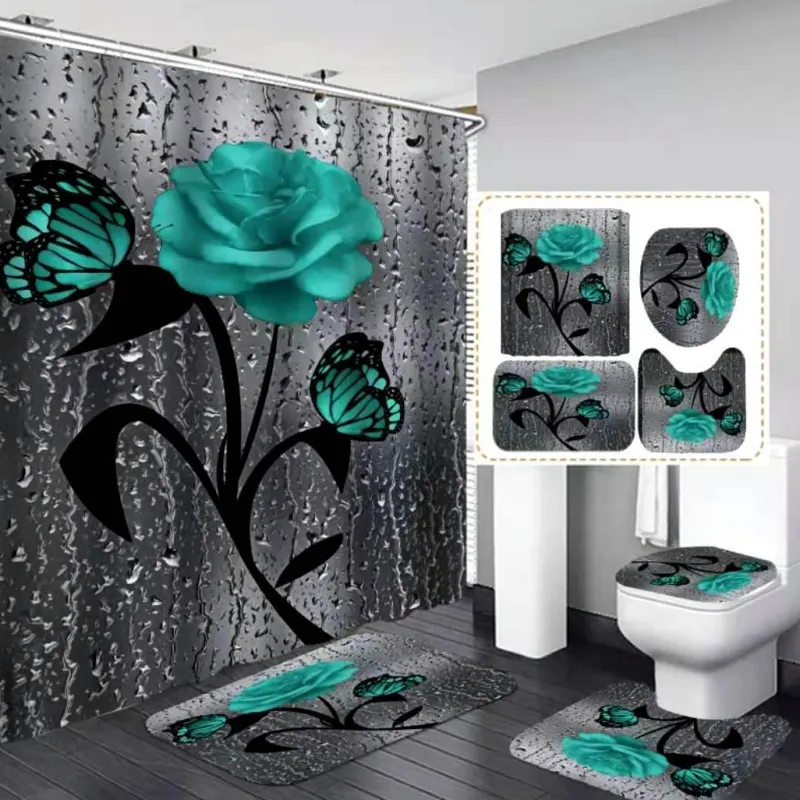 Aqua Essence Badezimmer-Duschvorhang-Set mit Tulpenblumenmuster – Badezimmer-Dekor-Akzent