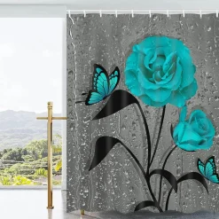 Aqua Essence Badezimmer-Duschvorhang-Set mit Tulpenblumenmuster – Badezimmer-Dekor-Akzent