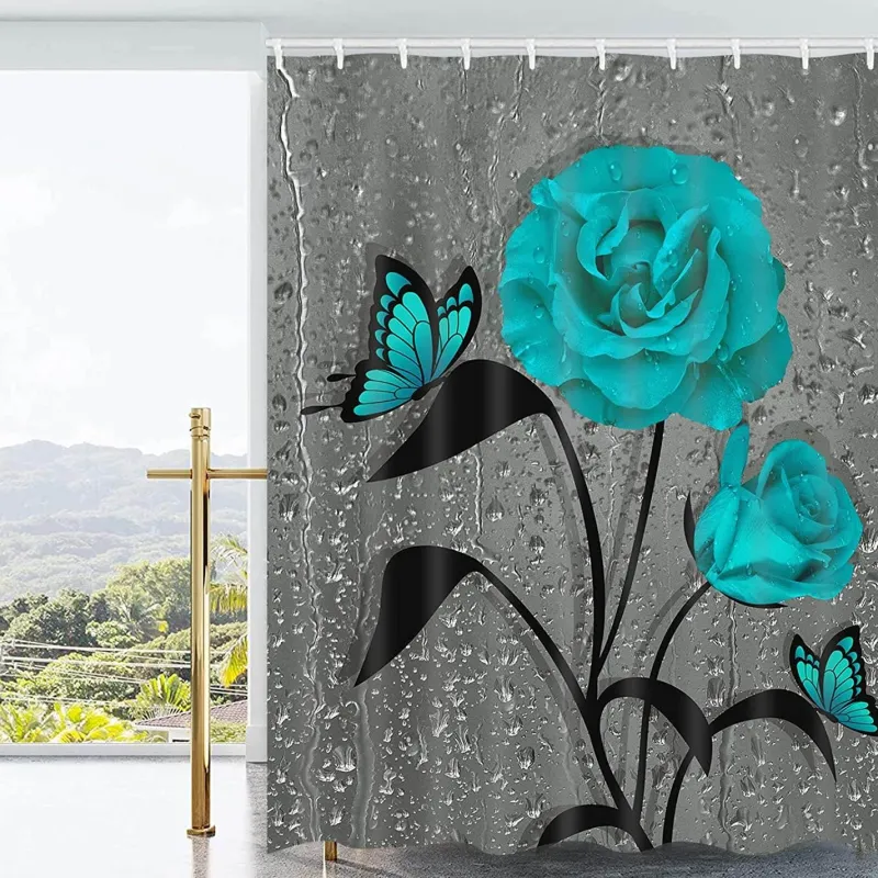 Aqua Essence Badezimmer-Duschvorhang-Set mit Tulpenblumenmuster – Badezimmer-Dekor-Akzent