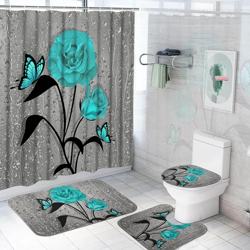 Aqua Essence Badezimmer-Duschvorhang-Set mit Tulpenblumenmuster – Badezimmer-Dekor-Akzent