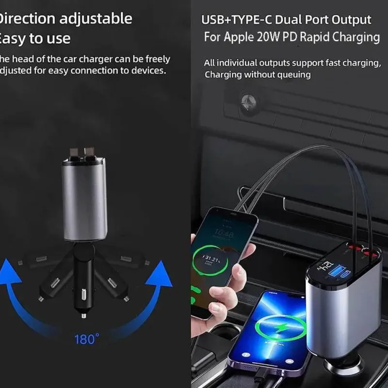 Wild u0026 Free Gear Autozubehör|Automobilindustrie-Einziehbares 4-in-1-Autoladegerät mit Schnellladefunktion