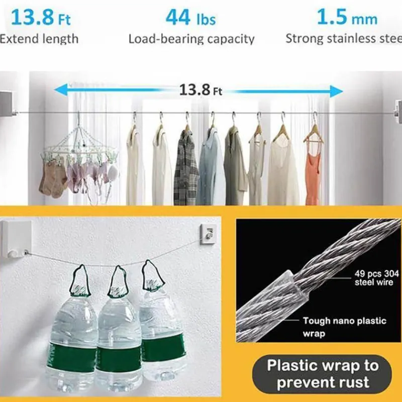 Tranquil Waters Gadgets Für Zuhause|Badezimmer-Einziehbares Trockenseil aus Edelstahl ohne Bohren