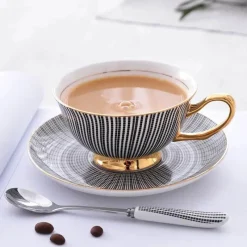 Feast u0026 Flair Küche & Esszimmer-Elegantes graues Teetassen-Set – 200 ml, Porzellan mit goldenen Akzenten