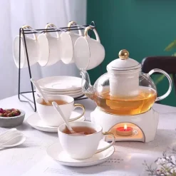 Feast u0026 Flair Küche & Esszimmer-Elegantes Teeservice aus goldweißer Keramik mit Glasteekanne