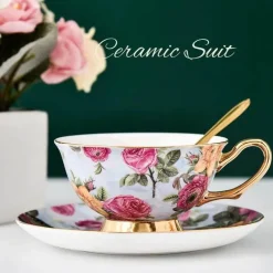 Plates u0026 More Küche & Esszimmer-Elegantes Teetassen-Set aus Bone China – Schwarzes Kaffeegeschirr mit Untertasse und Löffel