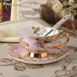 Feast u0026 Flair Küche & Esszimmer-Elegantes Teetassen-Set mit Vogelmotiv – 200 ml Porzellantasse mit Untertasse und Löffel