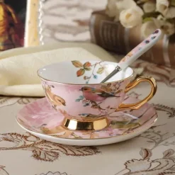 Feast u0026 Flair Küche & Esszimmer-Elegantes Teetassen-Set mit Vogelmotiv – 200 ml Porzellantasse mit Untertasse und Löffel