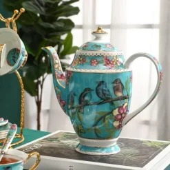 The Cozy Mug Küche & Esszimmer-Europäisches Tee- und Kaffeeset mit blauem Vogel – Tasse aus Knochenporzellan, Teekanne, Zuckerdose, Milchkännchen