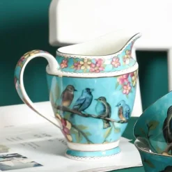 The Cozy Mug Küche & Esszimmer-Europäisches Tee- und Kaffeeset mit blauem Vogel – Tasse aus Knochenporzellan, Teekanne, Zuckerdose, Milchkännchen