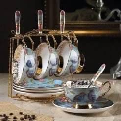 The Cozy Mug Küche & Esszimmer-Europäisches Tee- und Kaffeeset mit blauem Vogel – Tasse aus Knochenporzellan, Teekanne, Zuckerdose, Milchkännchen