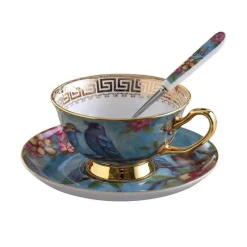 The Cozy Mug Küche & Esszimmer-Europäisches Tee- und Kaffeeset mit blauem Vogel – Tasse aus Knochenporzellan, Teekanne, Zuckerdose, Milchkännchen