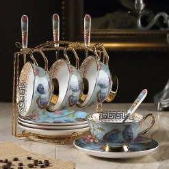 The Cozy Mug Küche & Esszimmer-Europäisches Tee- und Kaffeeset mit blauem Vogel – Tasse aus Knochenporzellan, Teekanne, Zuckerdose, Milchkännchen